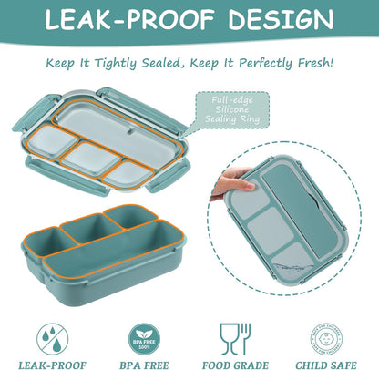 QQKO Bento Box Adult Lunch Box, Bento Box for Kids, 1200 ML Lunch Containers for Adults, Food Storage Container With 4 Compartments, Leak-Proof, Microwave, Dishwasher Safe, Green
