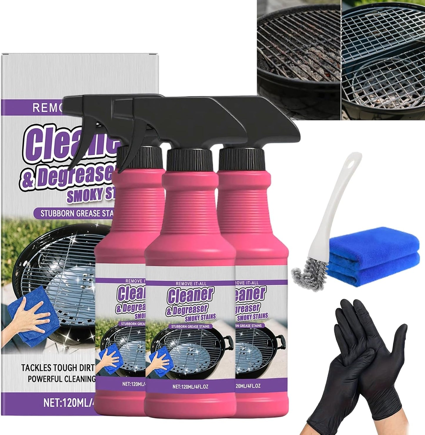 Fast-Acting Heavy-Duty Grill Degreaser Spray, 120ml BBQ Grill and Grate Cleaner Spray with Gloves, All Purpose Oven Degreaser Cleaner for Barbecue Grills, Smoky Stains and Stubborn Grease (2PCS)