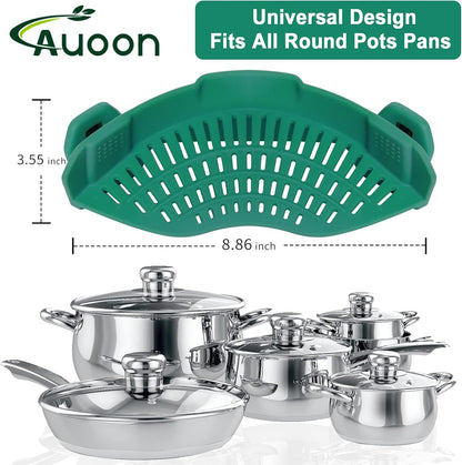 AUOON Clip On Strainer Silicone for All Pots and Pans, Pasta Strainer Clip on Food Strainer for Meat Vegetables Fruit Silicone Kitchen Colander