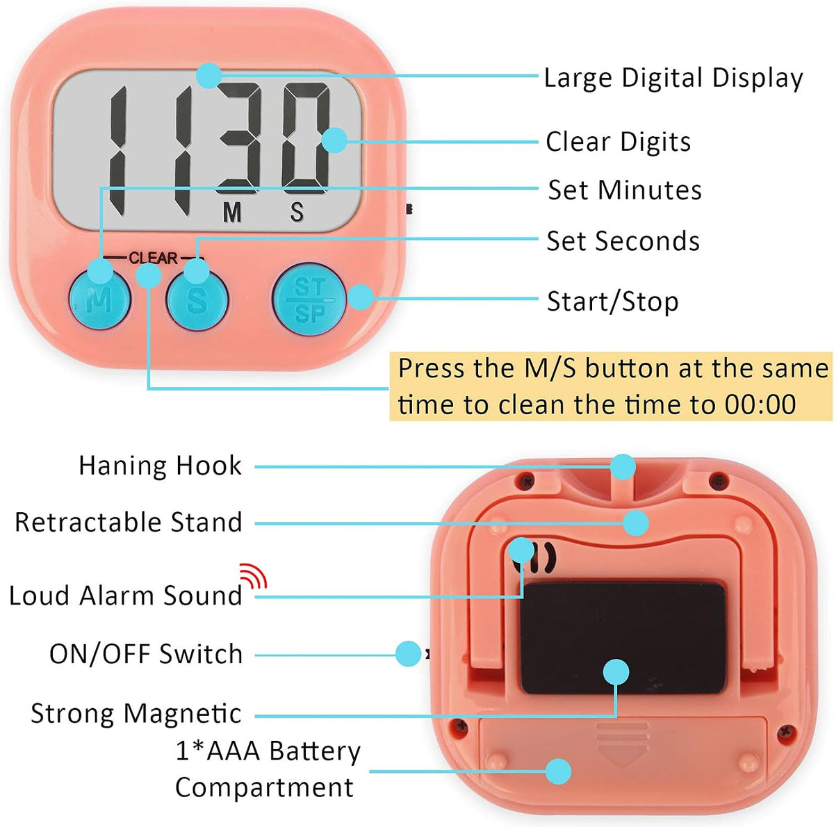 AOUCE Digital Kitchen Timers for Cooking, Timer for Kids 2 Pack White