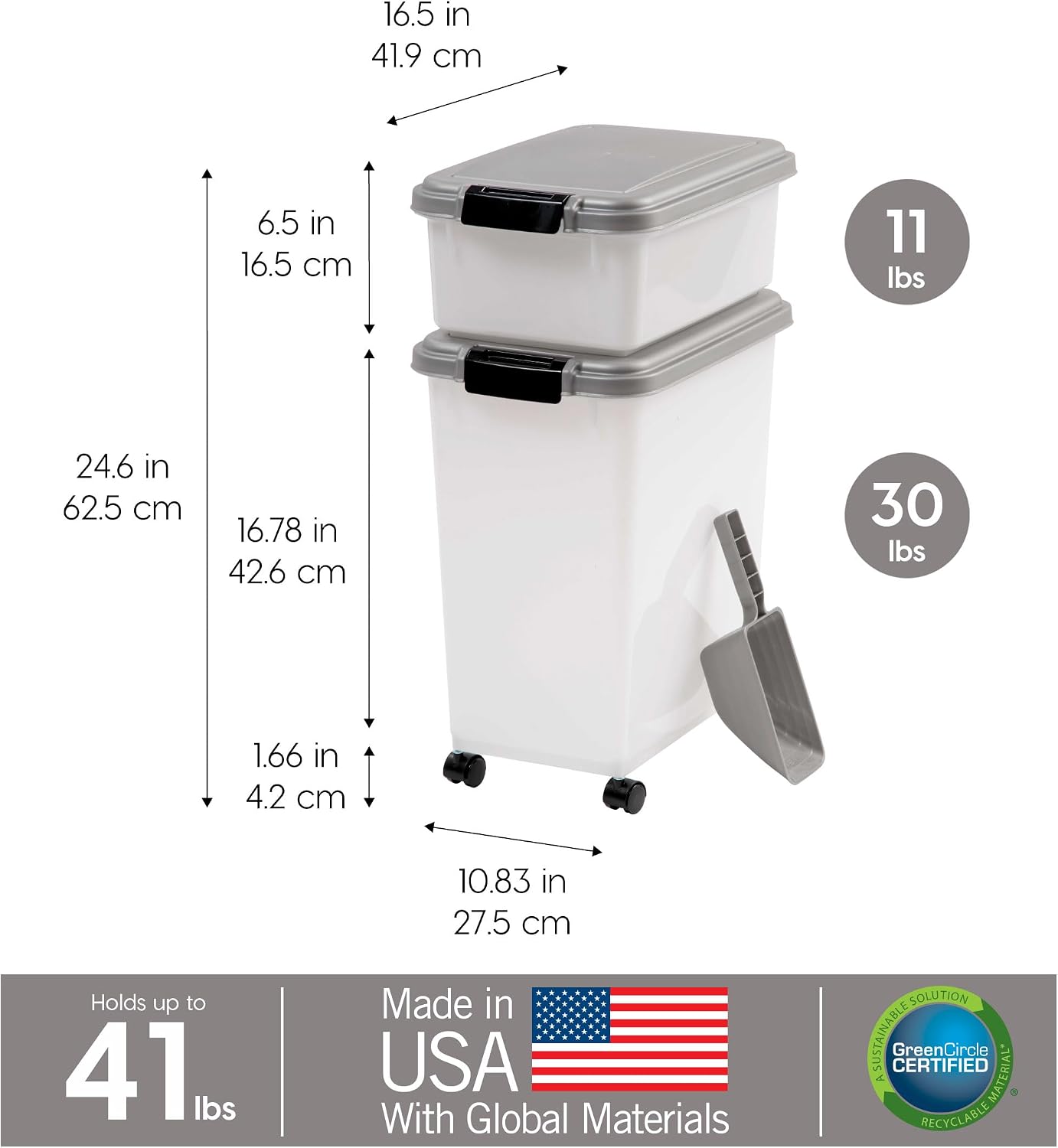 IRIS USA Dog Food Storage Container 30 lb + 11lb Airtight Combo, Stackable Pet Food Storage Bin with Wheels for Cat Dog Food, BPA Free, Made in USA, Black