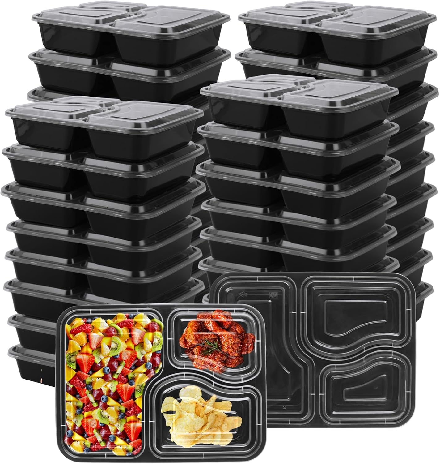 YOUNTHYE 50PCS Disposable Meal Prep Containers 3 Compartment Food Prep Containers with Lids 30oz Plastic Bento Box Lunch Containers Stackable Meal Prep Containers Bulk for Microwave, Freezer Safe