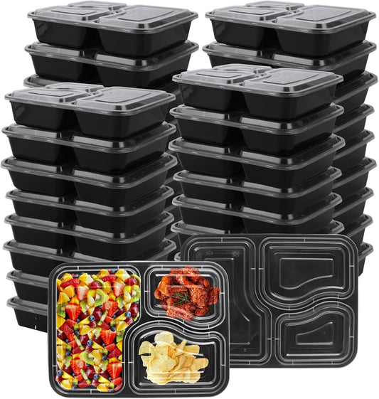 YOUNTHYE 50PCS Disposable Meal Prep Containers 3 Compartment Food Prep Containers with Lids 30oz Plastic Bento Box Lunch Containers Stackable Meal Prep Containers Bulk for Microwave, Freezer Safe