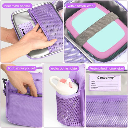 Cerbonny Kids Lunch Box, Insulated Lunch Bag for Girls and Boys, Durable Polyester with PEVA Lining, Adjustable Shoulder Strap, 10.8"L x 4"W x 8.8"H, 5 Pockets