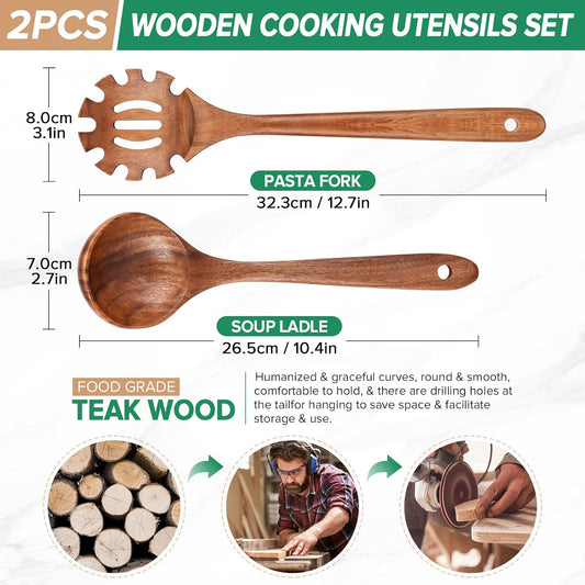 Wooden Soup Ladle Spoon & Spaghetti Pasta Spoons Utensil Set of 2