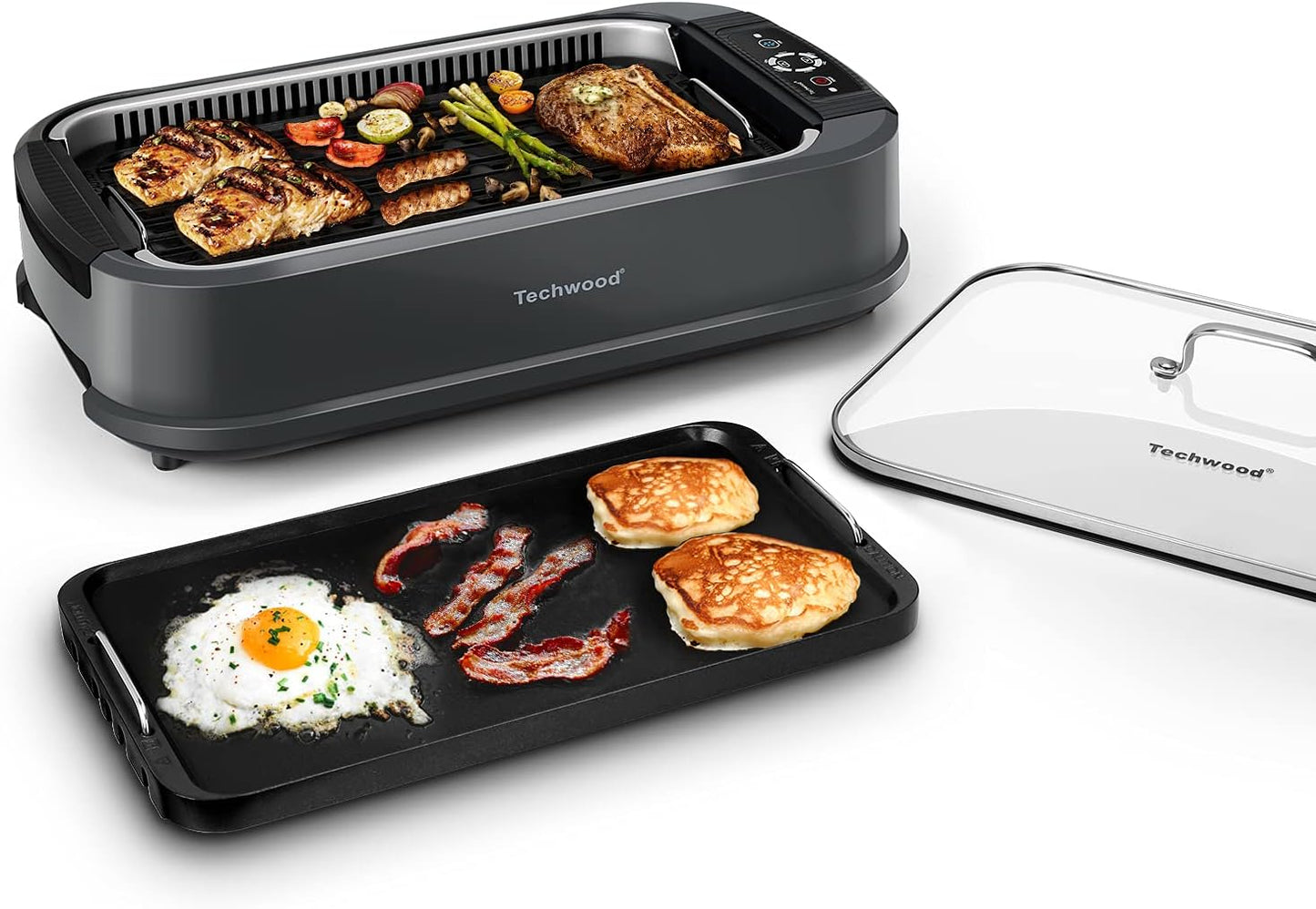 Techwood Indoor Grill Smokeless Grill, Electric Korean BBQ Grill with Glass Lid, Turbo Smoke Extractor Technology, Dishwasher-Safe Drip Tray & Nonstick Grilling Removable Plate, Black, 1500W