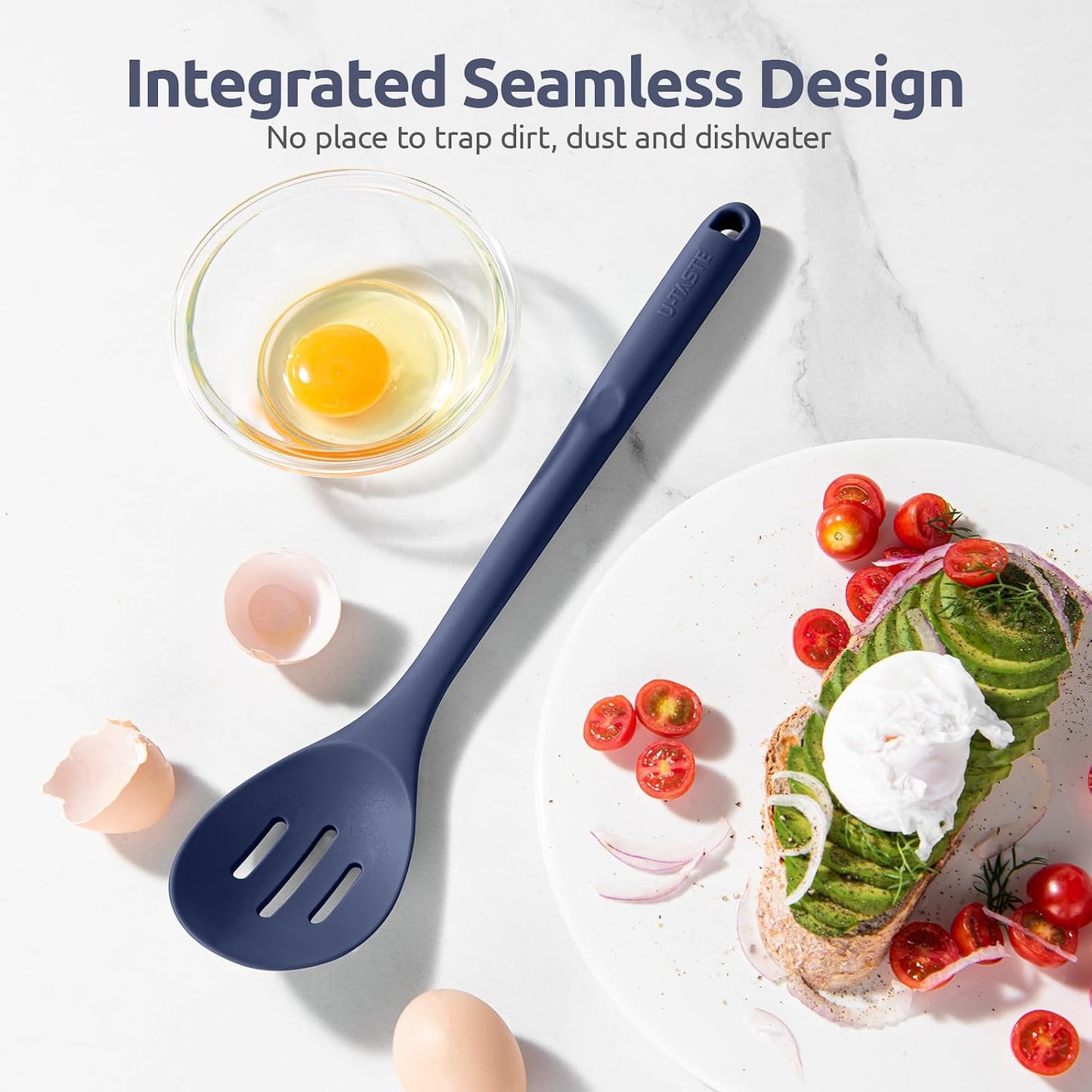 600ºF Heat Resistant Silicone Spoons: U-Taste 13.3in Solid & Slotted Kitchen Cooking Tool, Nonstick Long Rubber Utensil, Sturdy for Mixing, Serving, Stirring, Frying, Basting (Aqua Sky, 2PCS)