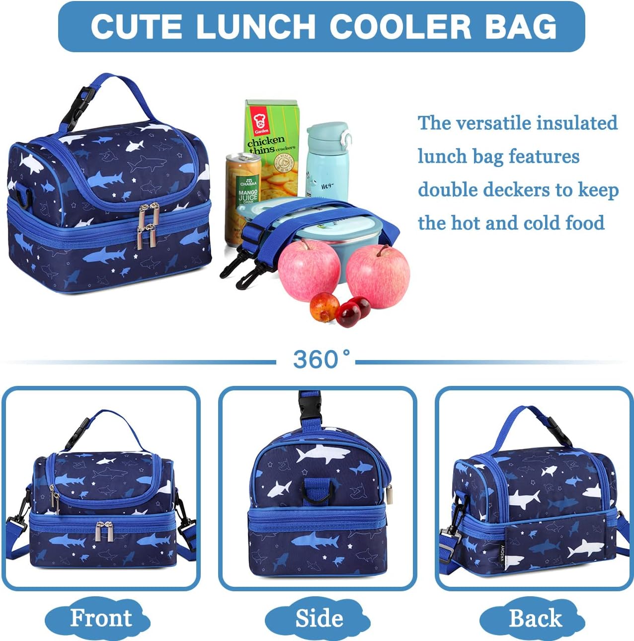 VASCHY Lunch Box Bag Men, Insulated Two Compartments Bento Cooler Bags for Adults/Women/Kids for School,Daycare,Kindergarten,Picnic Black