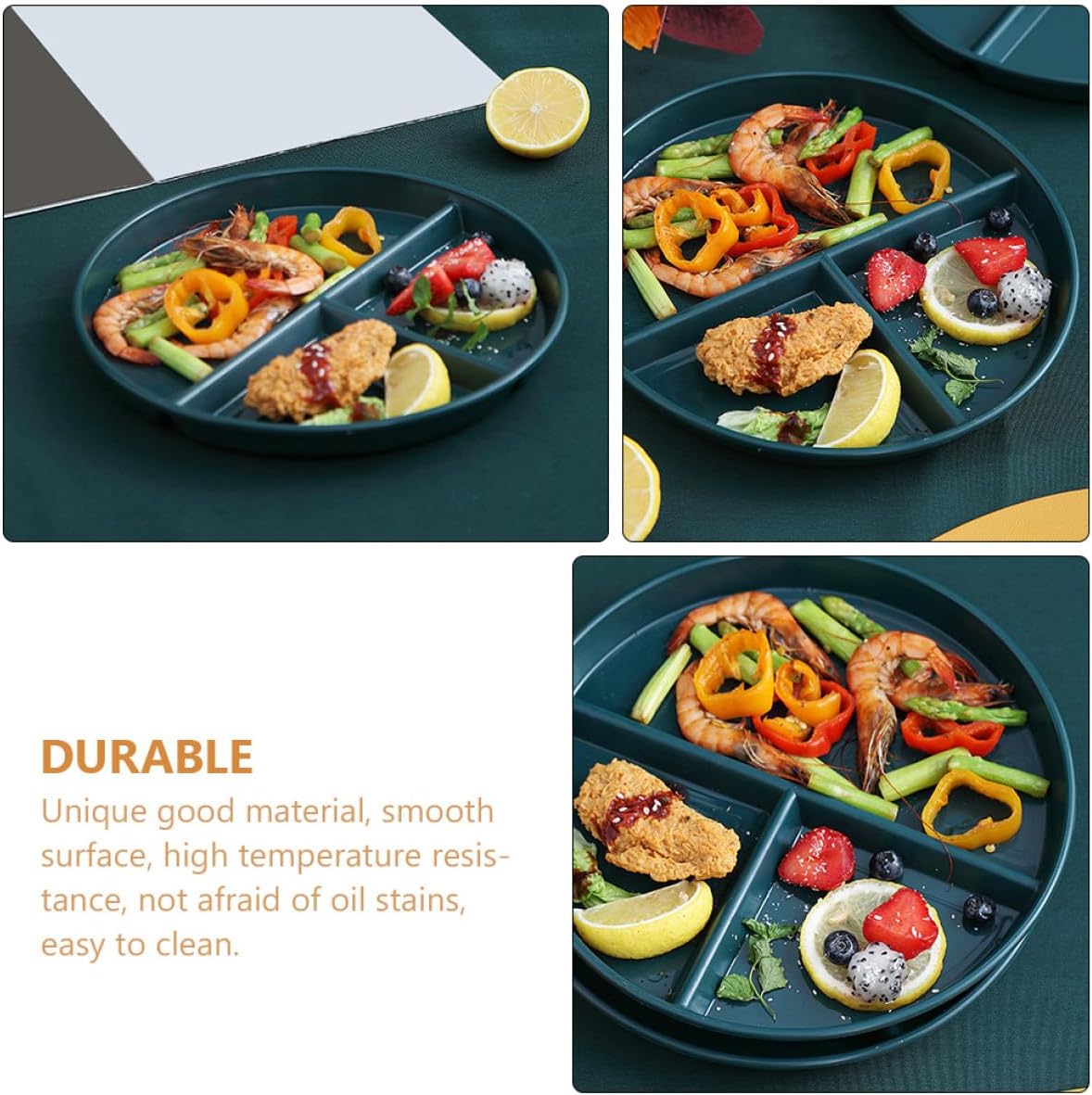 GALPADA Pp Plastic Three-compartment Divided Dinner Plate, 3-grid Portion Control Tray in Dark Green, Food-grade Plastic Breakfast Plate for Portion Management and Meal Prep
