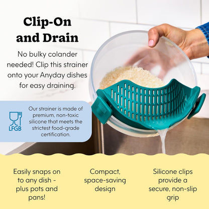 Anyday 4-Cup Shallow Dish & Silicone Clip-On Strainer Bundle | Plastic-Free, BPA-Free Glass Microwave Cookware & Food Storage with Glass Lids (Black Sesame)