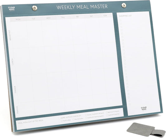 Magnetic Weekly Meal Planner for Fridge - 52 Undated Tear Off Sheets with Grocery List - Thick 120gsm No Bleed Paper - Strong Full Width Magnet - Family Meal Planning Board 11.3 x 8.3