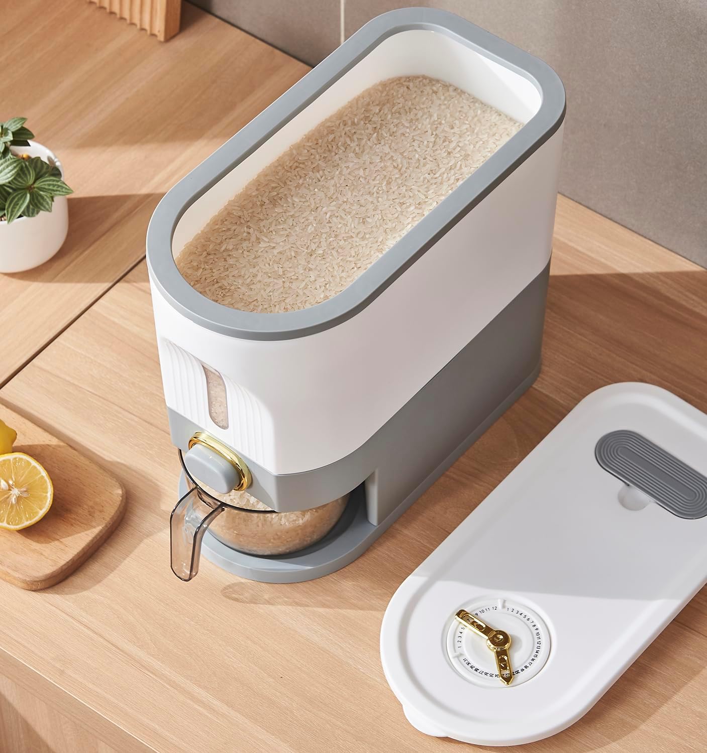 Sooyee 22 Lbs Rice Dispenser with Measuring Cup, Large Food Storage Container for Rice, Corn, Soybean & Oatmeal, Airtight, Moisture Proof