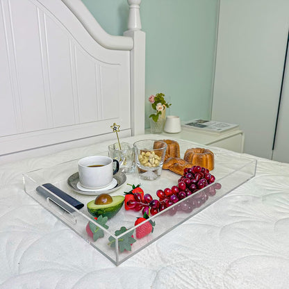 White Rectangular 14x20 Inches Acrylic Ottoman Tray Decorative Serving Tray with Cutout Handles Organizer Tray on Coffee Table Countertop Big Breakfast Bed Tray Living Room Appetizer Serving Food