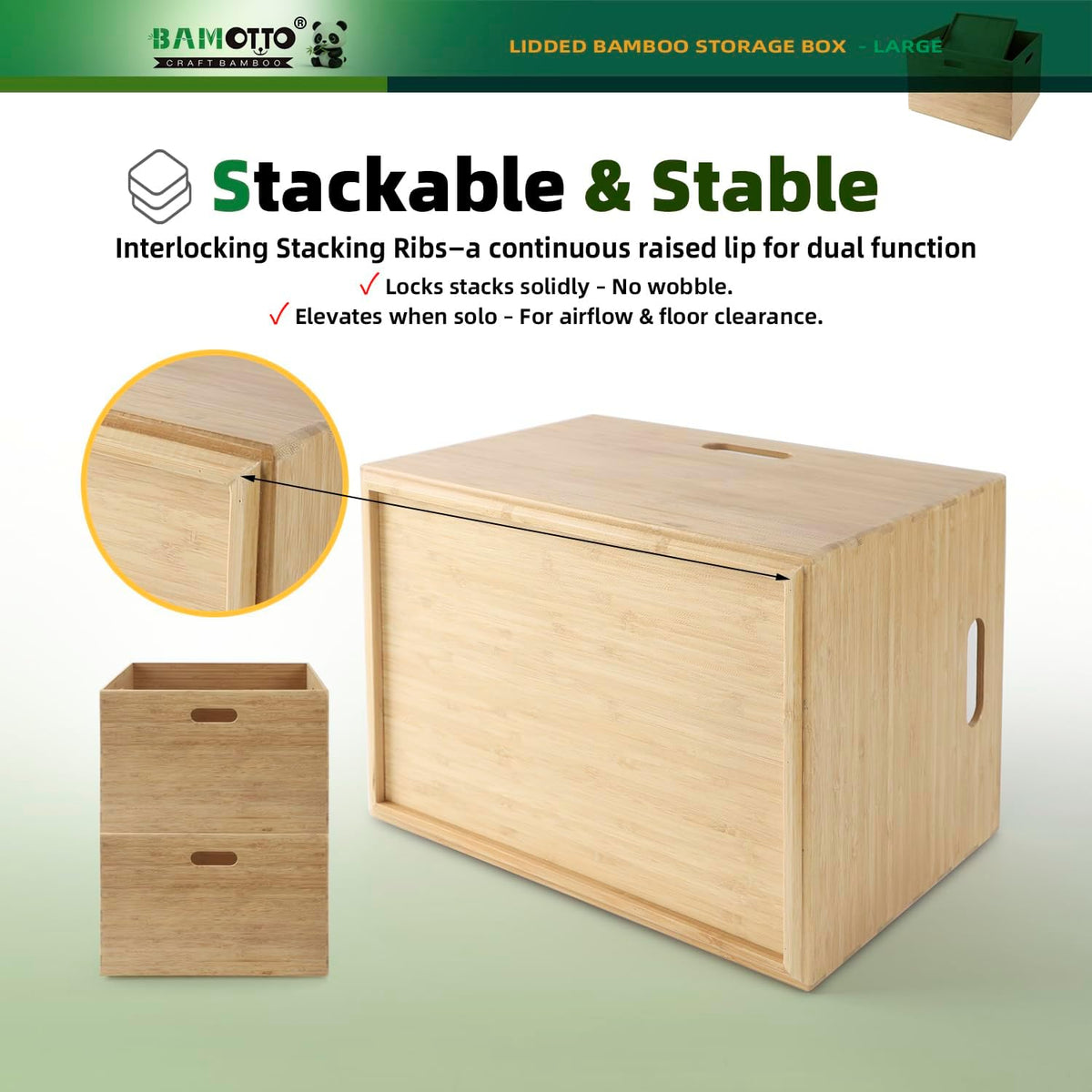 BAMOTTO CRAFTBAMBOO 2-Piece Large Bamboo Storage Box Set - 7.1in High Stackable Deep-Drawer Organizer, Lidless Bin for Kitchen Cutlery Utensils, Home & Office (14.6"x10.2"x7.1"+14.6"x10.2"x3.1")