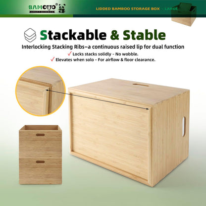 BAMOTTO CRAFTBAMBOO 2-Piece Large Bamboo Storage Box Set - 7.1in High Stackable Deep-Drawer Organizer, Lidless Bin for Kitchen Cutlery Utensils, Home & Office (14.6"x10.2"x7.1"+14.6"x10.2"x3.1")