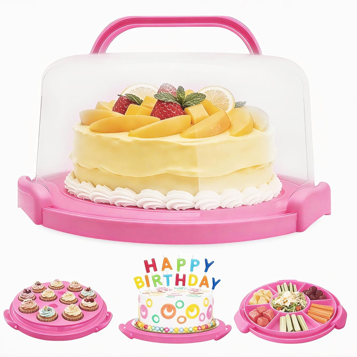Plastic Cake Carrier with Lid and Handle, Multipurpose Cake Stand Holder Container for 11 in Cake, Round Cupcake Storage Box Serving Tray with Cover for Bundt Dessert Pie Pizza Eggs Fruit White