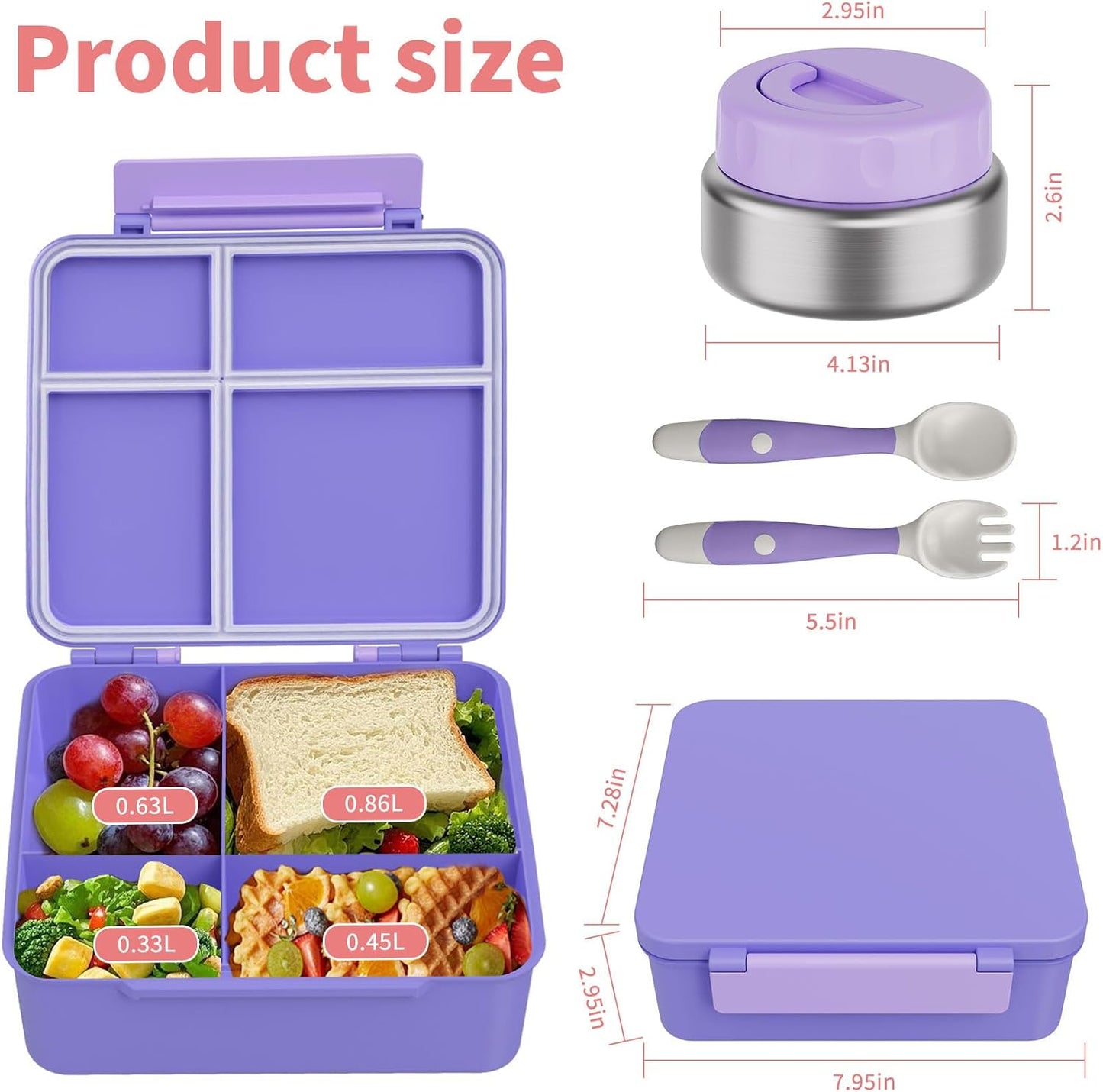 Bento Box for Kids with Thermo Food Container (9oz), 4-Compartment Lunch Box, Adjustable Divider, Leakproof Bento Lunch Box, Includes Utensils & Carry Bag for School, Office(Blue)
