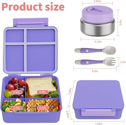Bento Box for Kids with Thermo Food Container (9oz), 4-Compartment Lunch Box, Adjustable Divider, Leakproof Bento Lunch Box, Includes Utensils & Carry Bag for School, Office(Blue)