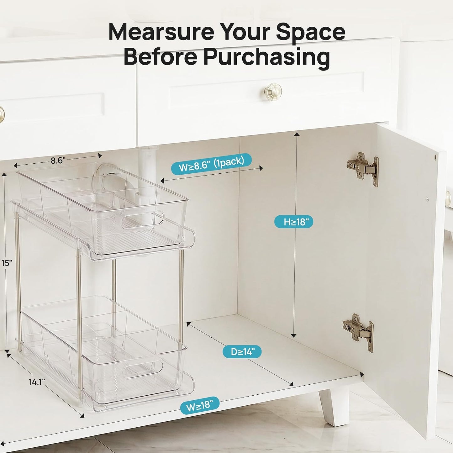 Vtopmart 4 Pack Bathroom Under Sink Organizers Organizer, 2 Tier Clear Pull-Out Organization (S-Standard)