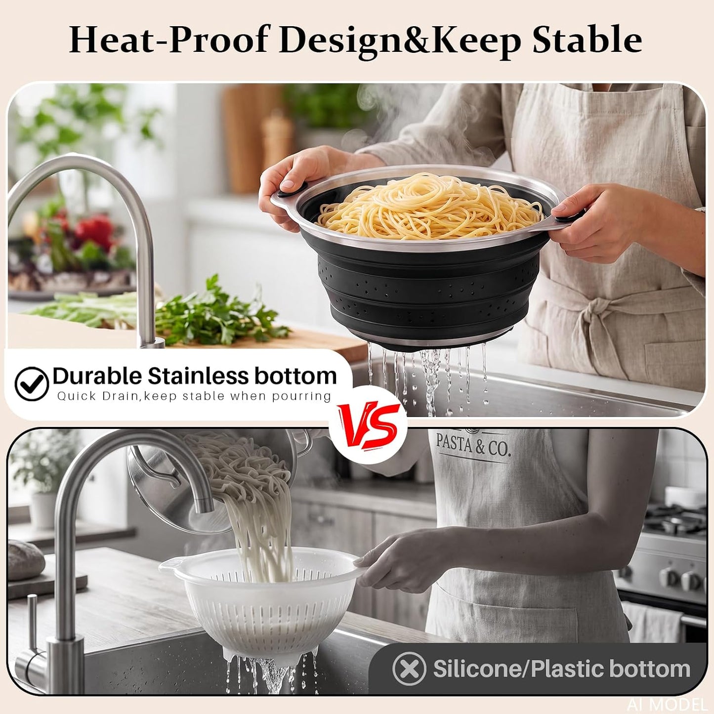 Collapsible Colander Set with Silicone Mat,2-in-1 Stainless Steel Colander for Kitchen, Foldable Metal Colander, Space-Saving for Pasta Veggies Fruit(NAVY BLUE)