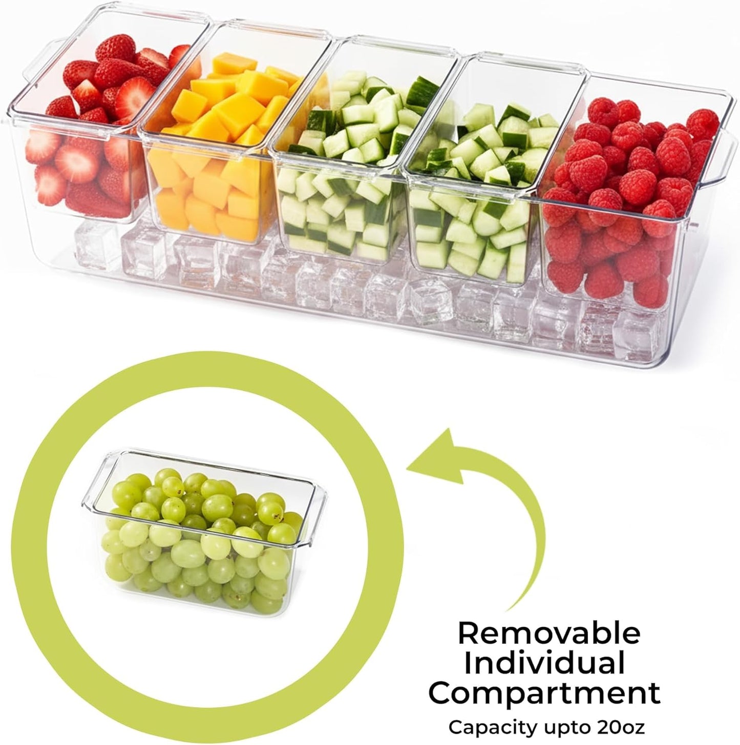 Large Ice Condiment Containers with lids – Condiment Caddy with 5 Removable Containers (20 Oz Capacity) – Taco bar serving set, Host Essentials tray with 5 Spoons and 2 tongs – Ice Color garnish tray