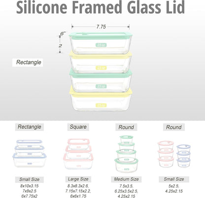 Urban Green Glass Food Container Set with Glass Lid, 5 Pack, Meal Prep Containers with Silicone Framed Airtight Lid, Leakproof, 100% Plastic Free