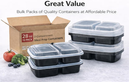 4U'LIFE 28 oz [Pack of 12] 2-Compartment Meal Prep Containers, Bento Boxes With Clear Lids