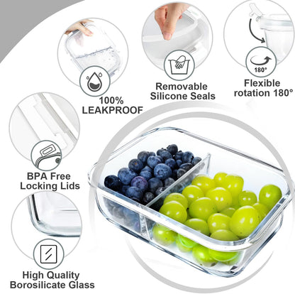 VERONES 10 Pack Glass Meal Prep Containers 2 Compartment Set, 30 OZ Airtight Glass Lunch Containers, Food Storage Containers with Lids, for Microwave, Oven, Freezer & Dishwasher Friendly，Red