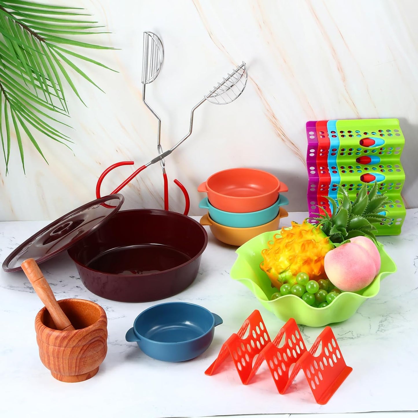 SiliFine Complete Taco Serving Set Taco Fiesta Kit Include Tortilla Warmer Small Salsa Bowls Large Salsa Dish Taco Stands Shell Holder Mortar and Pestle Taco Shell Maker Press Tortilla Fryer Tongs