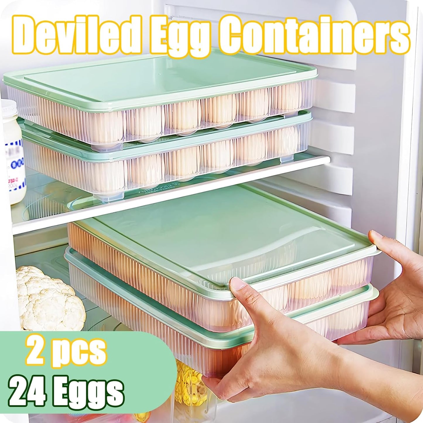 2PCS Deviled Egg Containers with Lid,Portable Storage Carrier Egg Holder,Stackable Plastic Egg Tray Carrier for Kitchen,Fridge,Keep Fresh,Easter(48 Eggs)