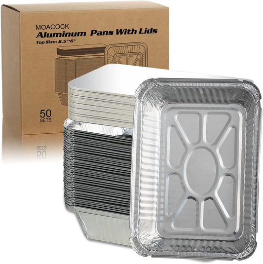 MOACOCK 50 Pack Aluminum Pans with Lids(8.5"×6"), 2.25lb Foil Pans with Board Lids, Disposable Take Out Food Containers, Foil Pans for Meal Prep Freezer Cooking Baking