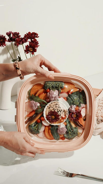 Crudités | Portable Snack Tray | Rectangle 2-Pack | Cream White | Reversible Stretch Lid Food Containers | BPA-Free, Freezer & Dishwasher Safe | Meal-Prep, Charcuterie, Salads, Picnic, Travel
