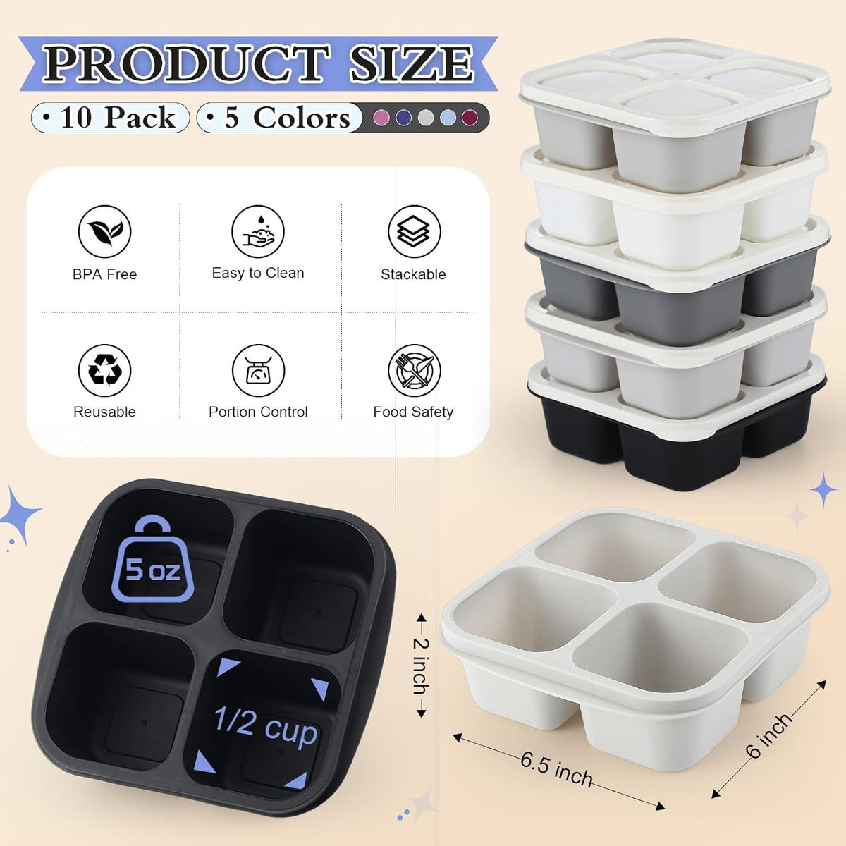 Honeydak 10 Pack Bento Snack Containers 4 Compartment Snack Boxes Reusable Containers with Lids Divided Meal Prep Lunch Food Storage Box for School Work Travel