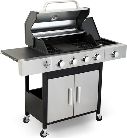 69,000 BTU 6+1 Burner Propane Gas Grill with Cast Iron Grids & Griddle Plate, Double-Wall Stainless Steel Lid – Even Heat, Easy Clean, Perfect for Backyard BBQ