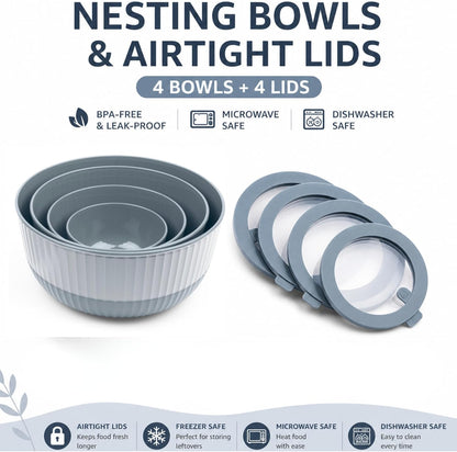 Mixing Bowls with Lids, 8-Piece Airtight Leak-Proof Nesting BPA-Free Bowl Set for Kitchen & Food Storage, Large 4200ml Capacity, Microwave & Dishwasher Safe