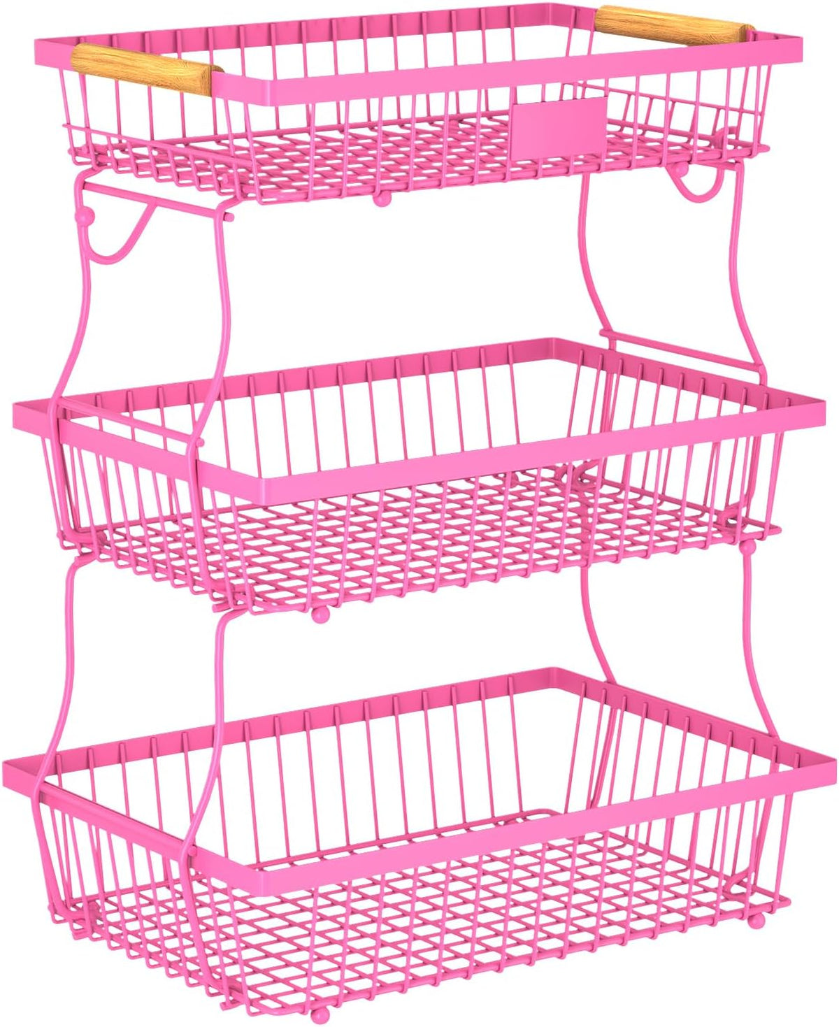 2 Tier Fruit Basket for Kitchen Counter with 2 Banana Hangers, Countertop Metal Bread Basket with Wooden Handle, Large Storage Stand for Vegetables, Snacks, Eggs, Produce Storage – Black
