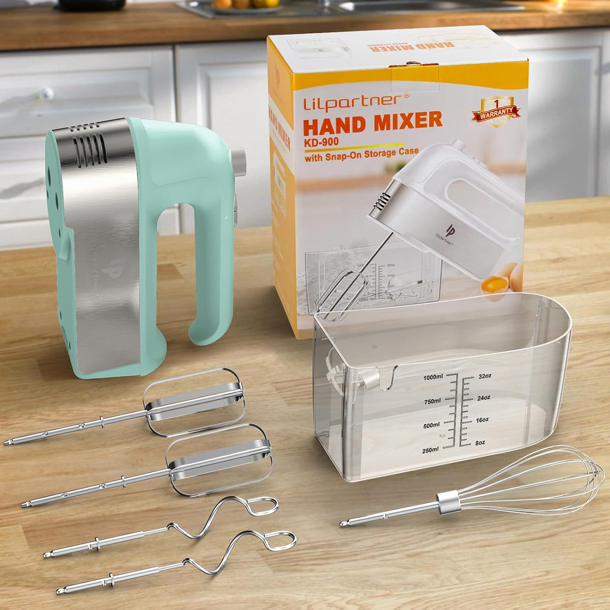 Hand Mixer Electric, 450W Kitchen Mixers with Scale Cup Storage Case, Turbo Boost/Self-Control Speed + 5 Speed + Eject Button + 5 Stainless Steel Accessories, For Easy Whipping Dough, Cream, Black