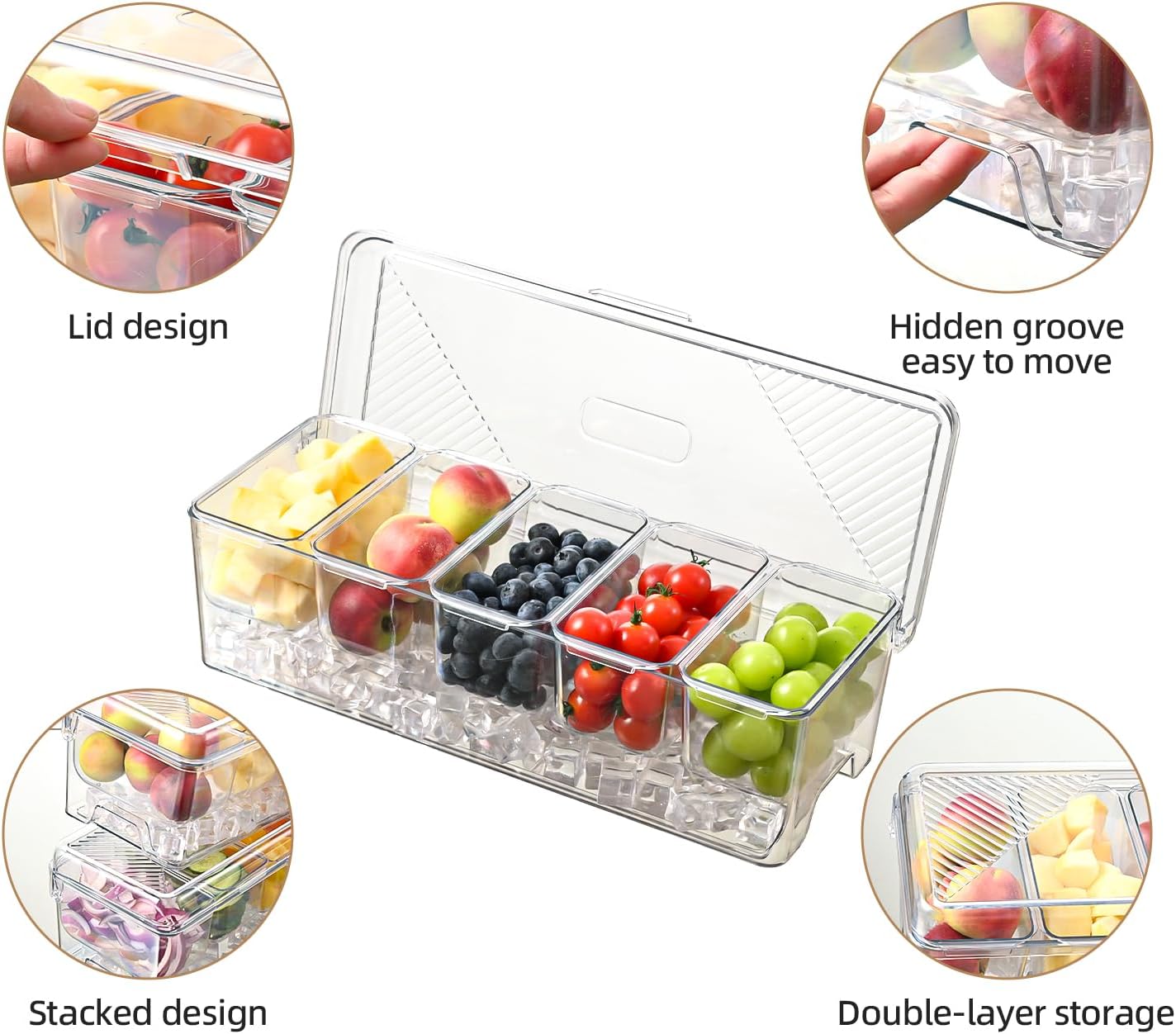 Large Chilled Condiment Caddy,Stackable Chilled Condiment Containers Server with Lids for 5 Removable Compartments (5 Containers, 1 pack)