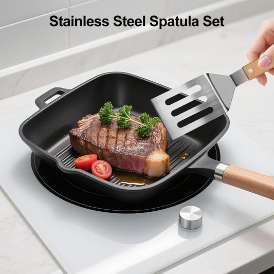 Stainless Steel Spatula Set, 2 Pcs Metal Spatulas for Kitchen Use, Professional Metal Spatula for Cast Iron Skillet with Wooden Handle, Ideal Choice for Making Desserts, Pancakes, Eggs, and BBQ