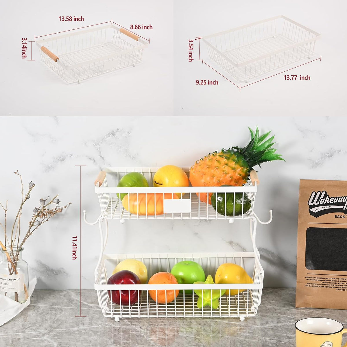 Fruit Basket Bowl 2 Tier Detachable with 2 Banana Hangers, Fruit Stand Holder for Kitchen Countertop, Metal Wire Vegetable Storage Organizer, for Bread Snack Veggies Produce, Black