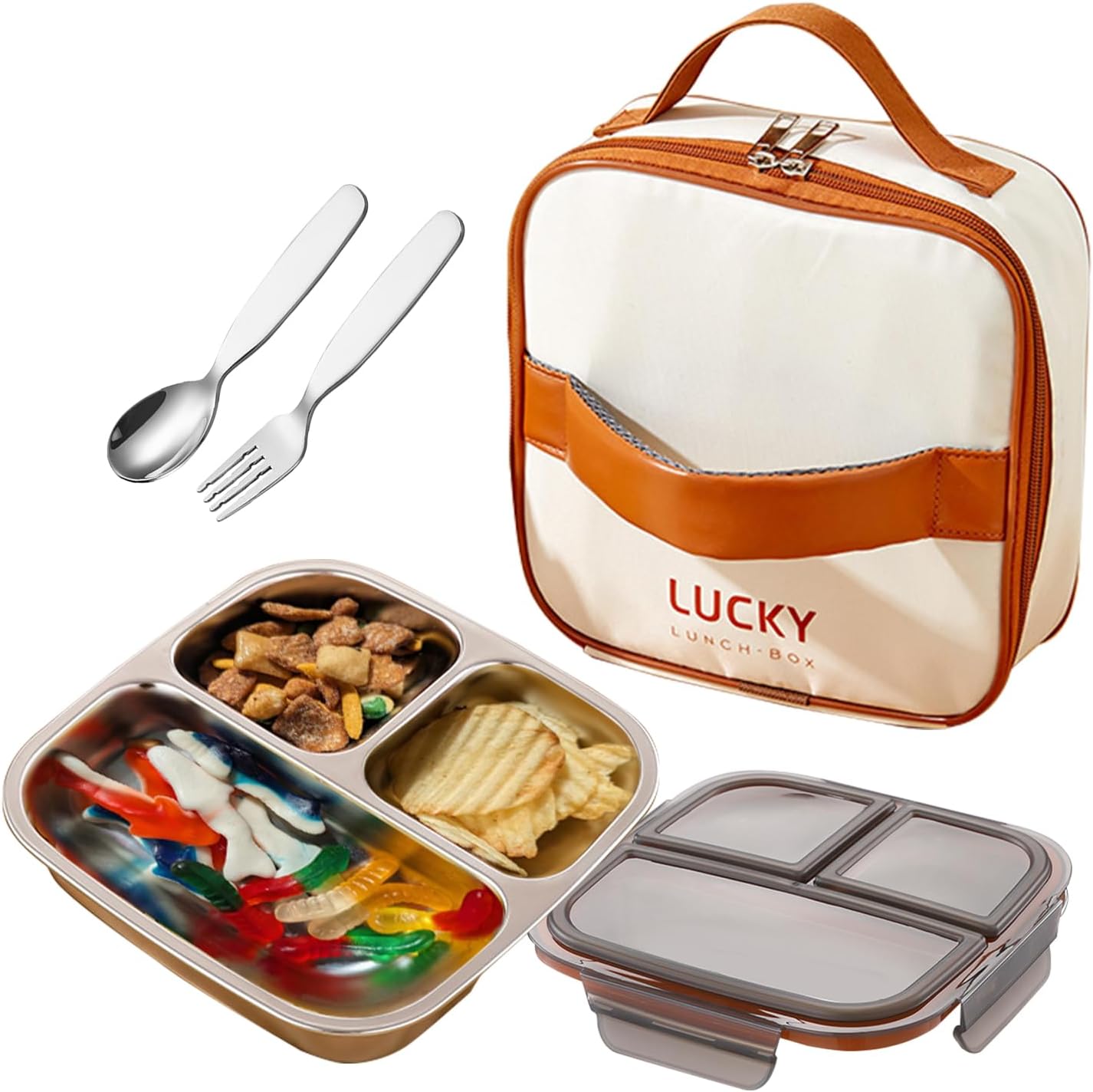 stainless steel lunch box for kids with lids & Spoon Fork & Insulated Bag, Leak-Proof 3 Compartment Food Containers, Food-Grade 304 Stainless Steel, Ideal for Home, Travel (Transparent black)