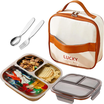 stainless steel lunch box for kids with lids & Spoon Fork & Insulated Bag, Leak-Proof 3 Compartment Food Containers, Food-Grade 304 Stainless Steel, Ideal for Home, Travel (Transparent black)
