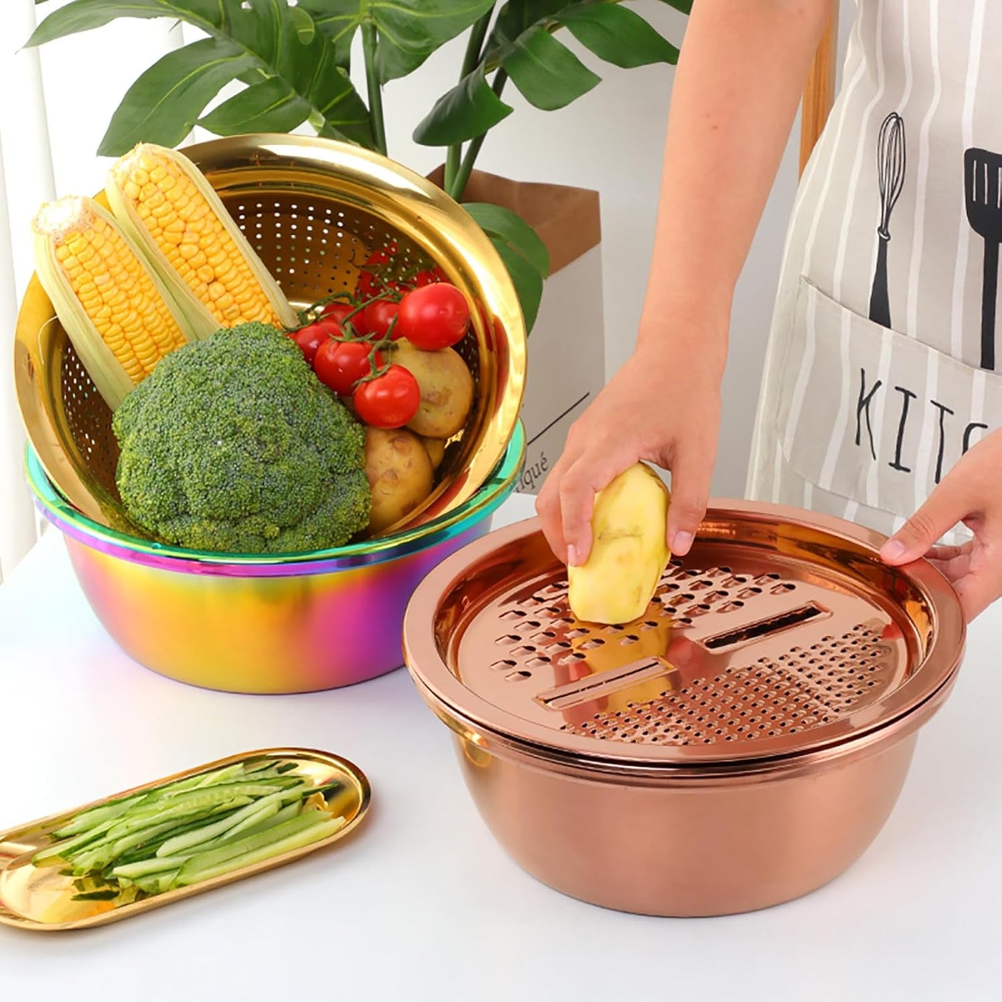 DOCBLACK Colander, 3Pcs Stainless Steel Kitchen Tool 3 in 1 Drain Basket Fruit and Vegetable Cutter Strainer Bowl Set Drain Pot Basket Grater for Fruits Vegetables Rice Washing Mixing - Gold