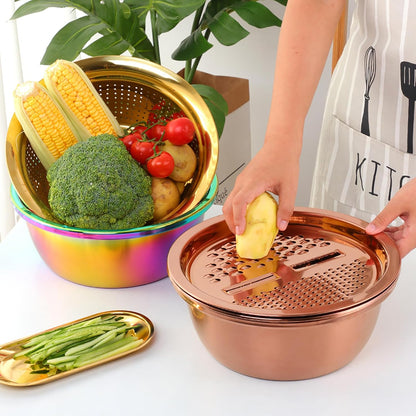 DOCBLACK Colander, 3Pcs Stainless Steel Kitchen Tool 3 in 1 Drain Basket Fruit and Vegetable Cutter Strainer Bowl Set Drain Pot Basket Grater for Fruits Vegetables Rice Washing Mixing - Gold