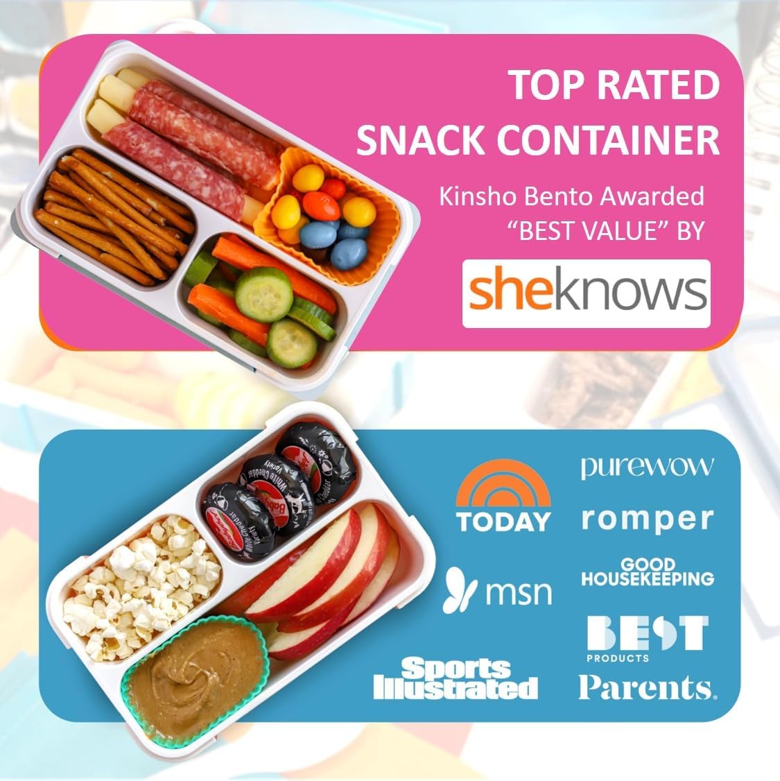 Small Snack Containers for Kids Toddlers - 3 Compartments (Set of 2) - Leak-Proof Reusable Boxes with Lids - BPA-Free Plastic Mini Bento Lunch Box - Holds 2 Cups Capacity (Pastel Blue+Teal Sparkle)