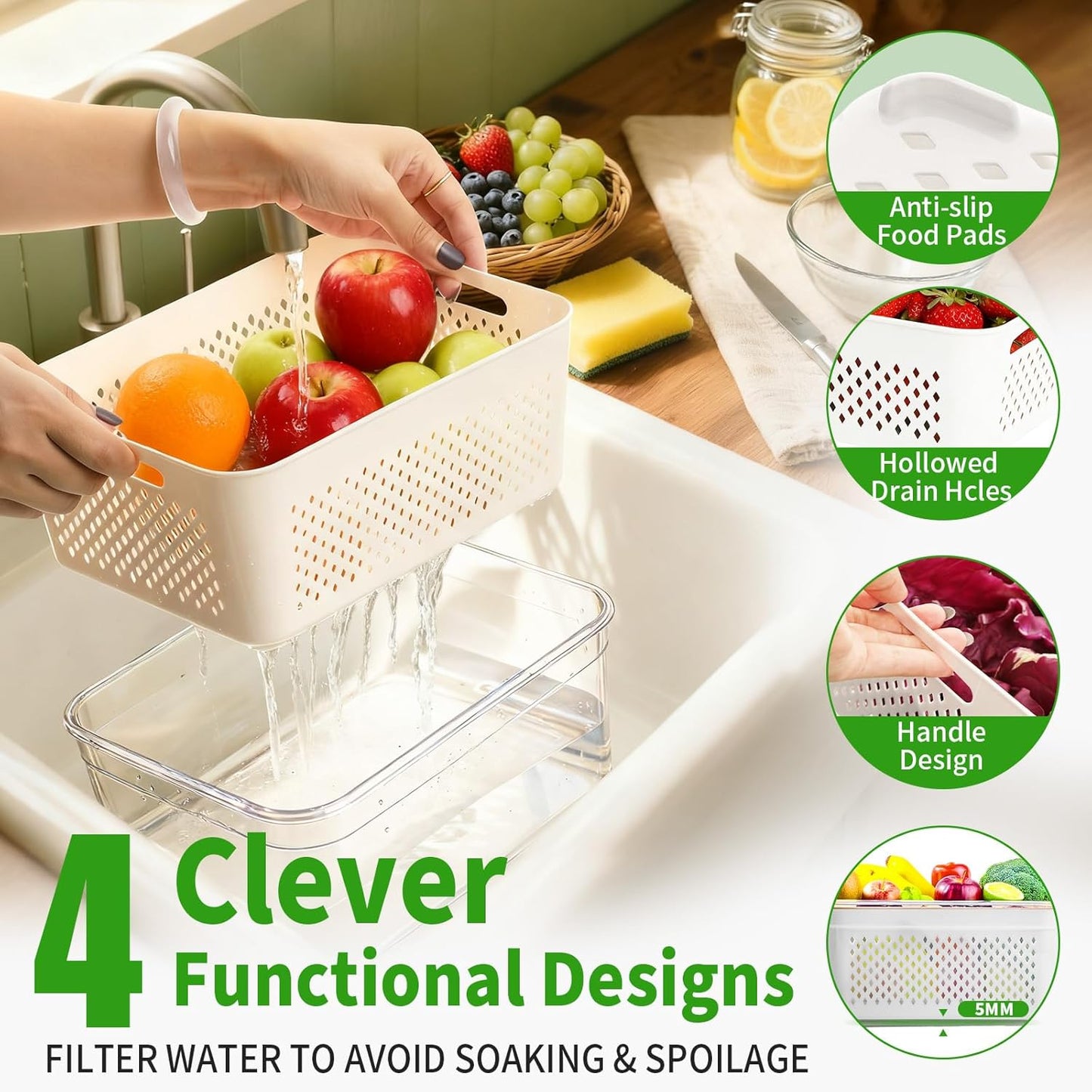 PRAKI 5-Pack Large Fruit Storage Containers for Fridge with Removable Colander, 2 in 1 Produce Storage Containers, BPA-Free Fridge Organizers and Storage Keep Fruits, Vegetables, Berry Fresh Longer