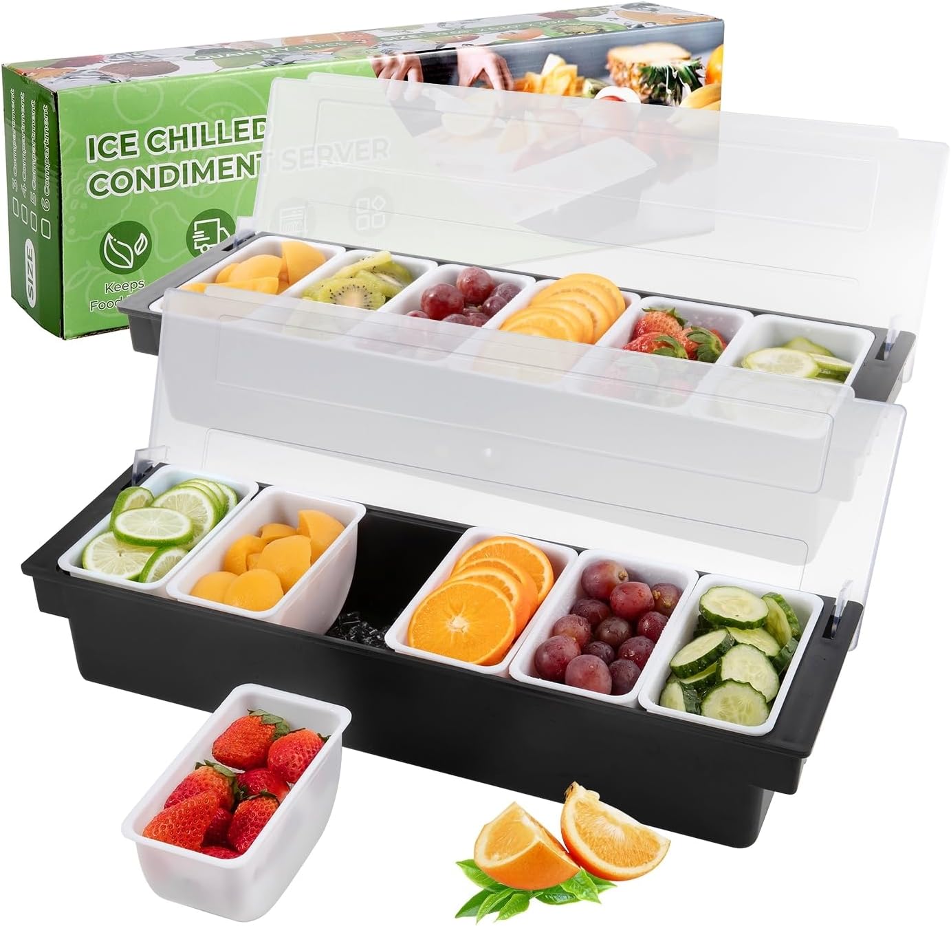 Ice Cooled Condiment Serving Container Fruit Veggie Condiment Caddy Plastic Garnish Station with Lid for Fruit,Ice Cream,Salad Bar-Topping Organizer for Restaurant Supplies (3 Compartments)
