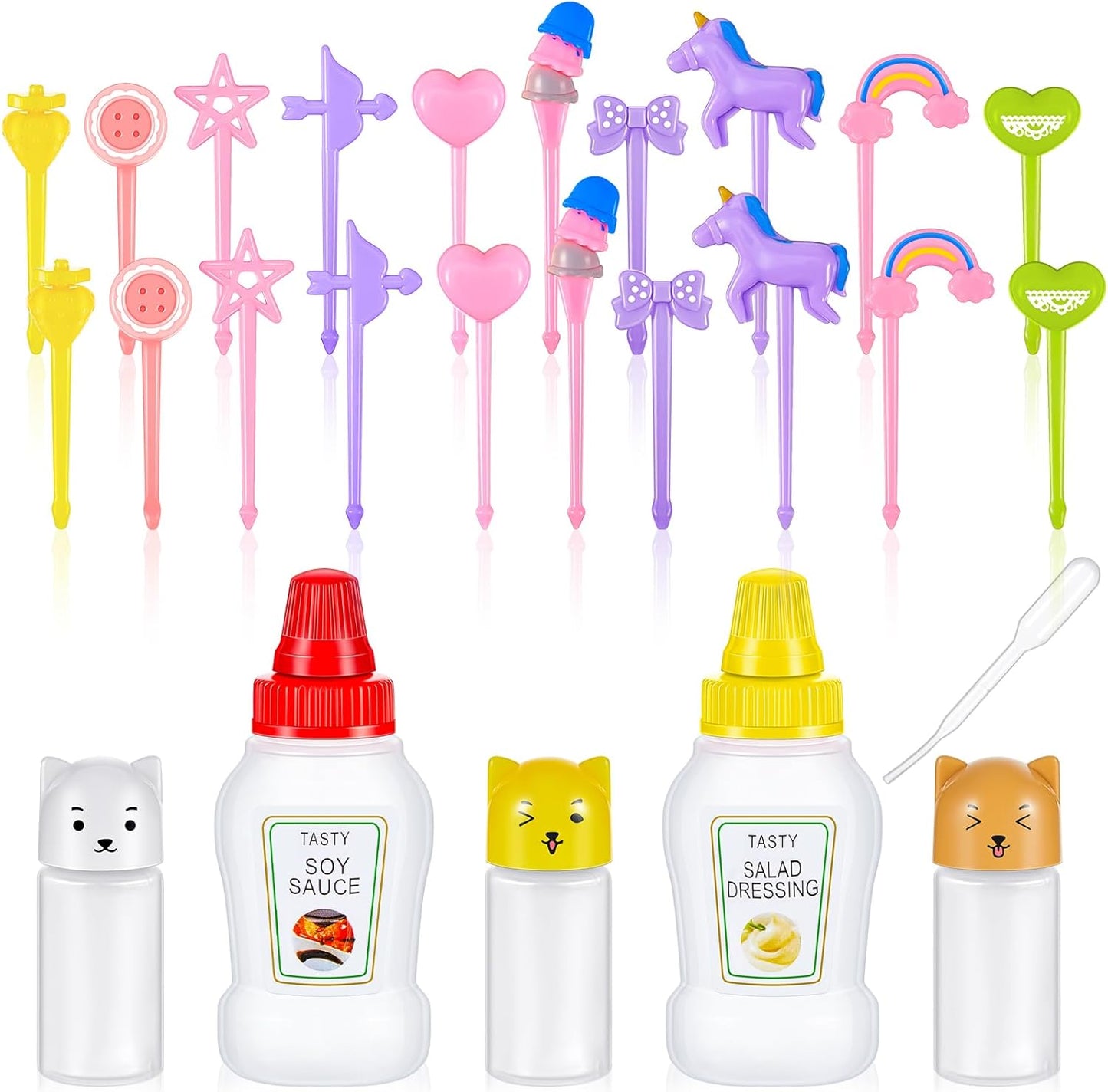 26 Pcs Lunch Bento Soy Sauce Case Container 5 Mini Plastic Condiment Squeeze Bottles Cute Kids Lunch Accessories with Dropper 20 Animal Food Picks for Honey Salad Sauces Oil Ketchup (Vivid Style)