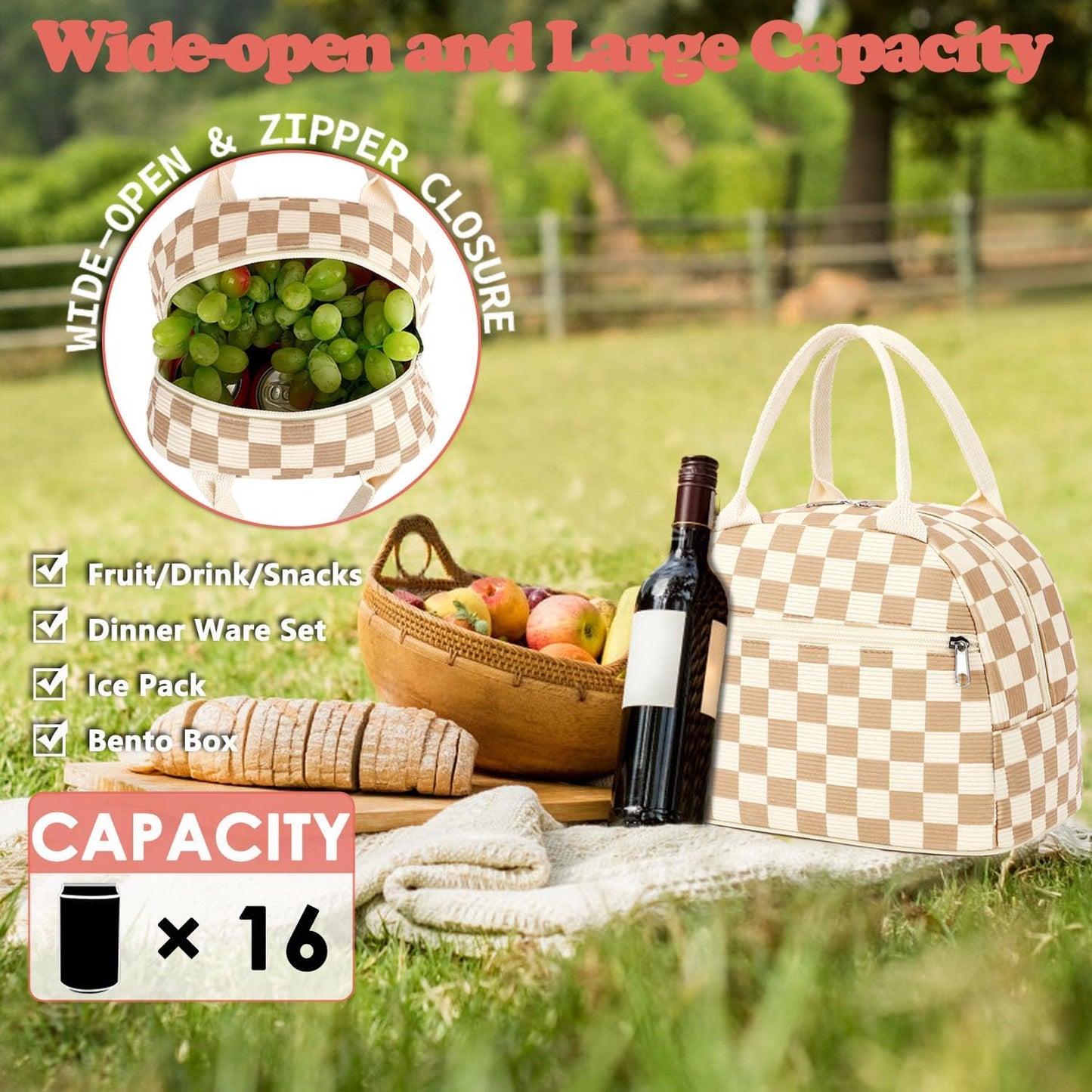 GYEUKHAM Lunch Bag Women, Lunch Box for Adult Men Kids Girls, Small Cute Lunchbox Tote Large Capacity Insulated Lunch Container Cooler for Work School Picnic Travel, Black White Stripes