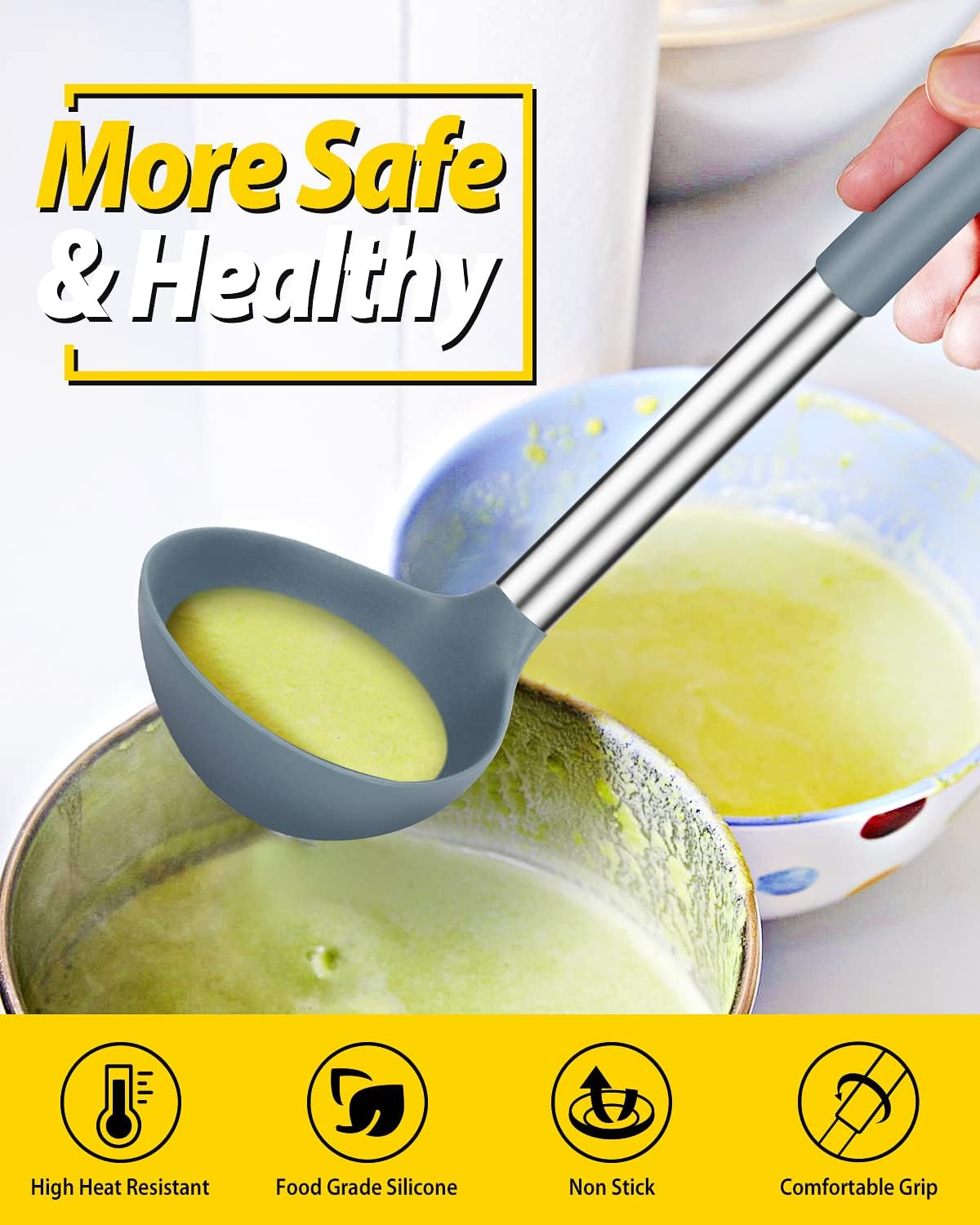 Pack of 2 Ladle Spoon,Silicone Large Spoon for Soup,Non Stick Kitchen Utensils with High Heat Resistant,BPA Free Perfect Kitchen Tools for Cooking, Stirring,Serving Soups (BLACK-WHITE)